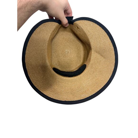 Eric Javits Visor Adjustable Straw Hat UPF 50+ Beige Black Packable Sunbust Bow - Picture 7 of 11
